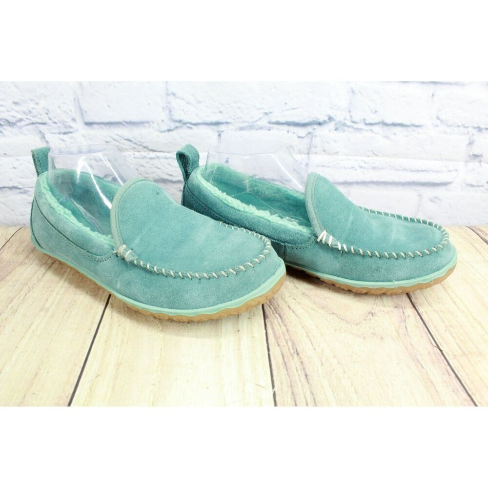 LL Bean Green Suede Slip-On Fleece Lined Mountain Moccasin Slippers Size 8 M - Picture 3 of 9